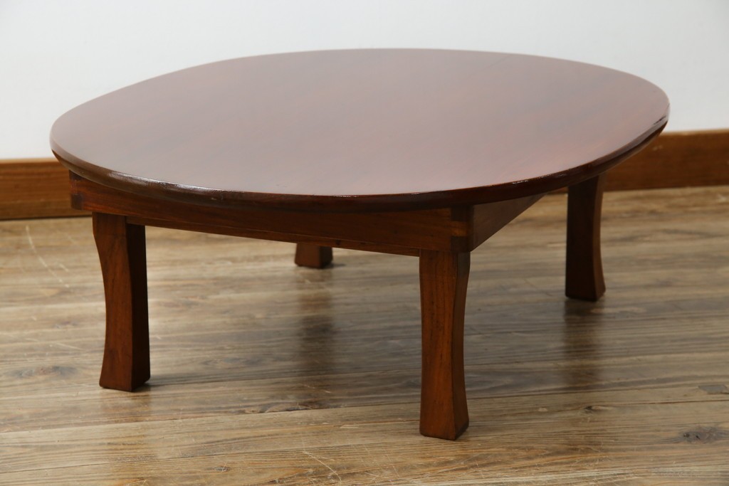 和製アンティーク　美品　総欅(ケヤキ)材　天板一枚板　漆塗り　懐かしさ漂うオーバル型ちゃぶ台　(R-082258)