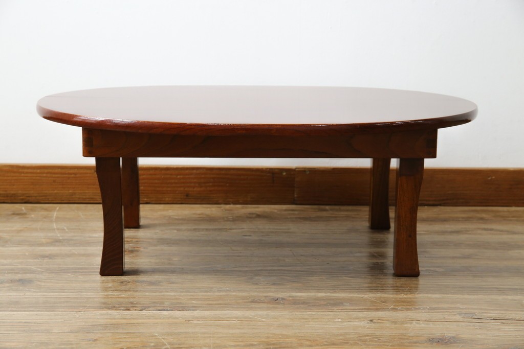 和製アンティーク　美品　総欅(ケヤキ)材　天板一枚板　漆塗り　懐かしさ漂うオーバル型ちゃぶ台　(R-082258)