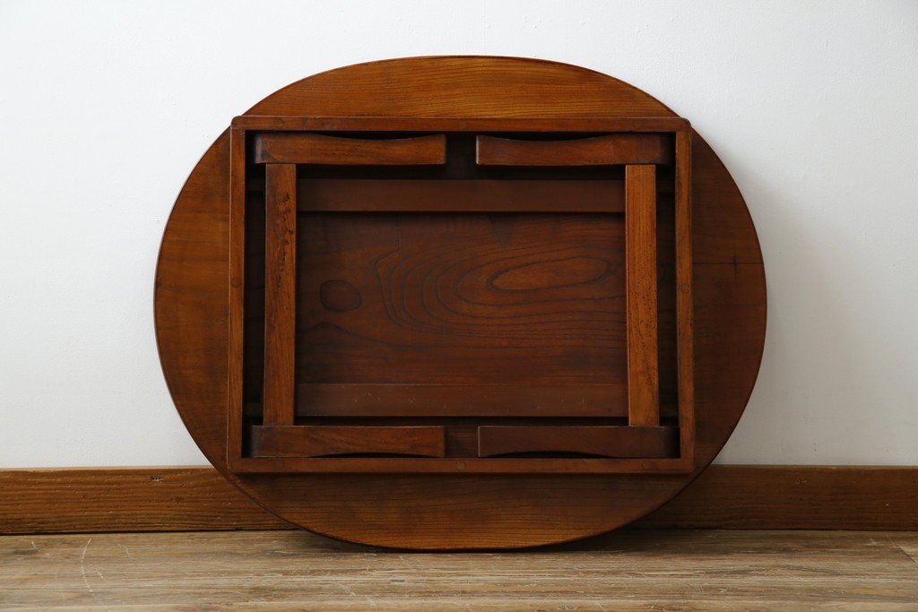 和製アンティーク　美品　総欅(ケヤキ)材　天板一枚板　漆塗り　懐かしさ漂うオーバル型ちゃぶ台　(R-082258)