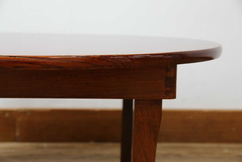 和製アンティーク　美品　総欅(ケヤキ)材　天板一枚板　漆塗り　懐かしさ漂うオーバル型ちゃぶ台　(R-082258)