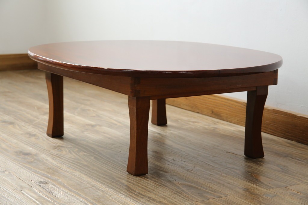 和製アンティーク　美品　総欅(ケヤキ)材　天板一枚板　漆塗り　懐かしさ漂うオーバル型ちゃぶ台　(R-082258)