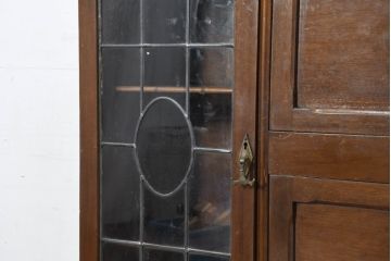 イギリスアンティーク　マホガニー材　可愛らしい脚が魅力のステンドグラス入りサイドバイサイドビューローブックケース(ライティングビューロー、キャビネット、サイドボード、デスク、机、在宅用、在宅ワーク用、収納棚、戸棚、英国)(R-082278)