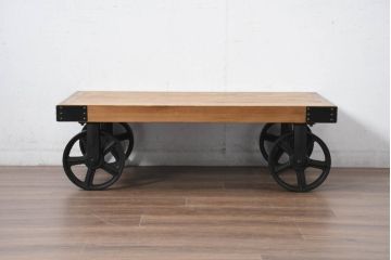 中古　品切れで入手困難品　tohma(東馬)　UP291 PULLEY2 CT BK　トロリーテーブル　インダストリアルスタイルの空間づくりに活躍する車輪付きローテーブル(センターテーブル、リビングテーブル)(R-082300)
