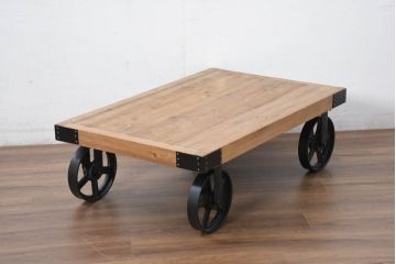 中古　品切れで入手困難品　tohma(東馬)　UP291 PULLEY2 CT BK　トロリーテーブル　インダストリアルスタイルの空間づくりに活躍する車輪付きローテーブル(センターテーブル、リビングテーブル)(R-082300)