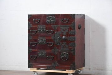 中古　熊野洞　木地呂塗り　漆塗り　力強い手打ち金具が魅力の仙台箪笥(小タンス、和たんす、衣装タンス、収納箪笥、整理箪笥、チェスト、引き出し)(定価約80万円)(R-082319)
