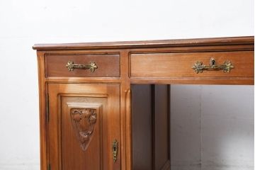海外アンティーク　チーク材　レザートップ　両面使い　繊細な彫刻が美しいパートナーデスク(両袖机、作業台、ワークテーブル、ワークデスク、在宅ワーク、在宅用)(R-082324)
