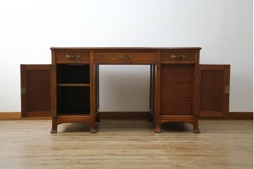 海外アンティーク　チーク材　レザートップ　両面使い　繊細な彫刻が美しいパートナーデスク(両袖机、作業台、ワークテーブル、ワークデスク、在宅ワーク、在宅用)(R-082324)