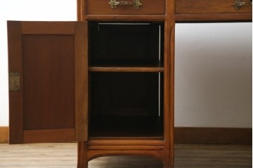 海外アンティーク　チーク材　レザートップ　両面使い　繊細な彫刻が美しいパートナーデスク(両袖机、作業台、ワークテーブル、ワークデスク、在宅ワーク、在宅用)(R-082324)