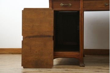 海外アンティーク　チーク材　レザートップ　両面使い　繊細な彫刻が美しいパートナーデスク(両袖机、作業台、ワークテーブル、ワークデスク、在宅ワーク、在宅用)(R-082324)