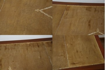 海外アンティーク　チーク材　レザートップ　両面使い　繊細な彫刻が美しいパートナーデスク(両袖机、作業台、ワークテーブル、ワークデスク、在宅ワーク、在宅用)(R-082324)