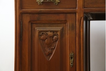 海外アンティーク　チーク材　レザートップ　両面使い　繊細な彫刻が美しいパートナーデスク(両袖机、作業台、ワークテーブル、ワークデスク、在宅ワーク、在宅用)(R-082324)