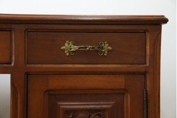 海外アンティーク　チーク材　レザートップ　両面使い　繊細な彫刻が美しいパートナーデスク(両袖机、作業台、ワークテーブル、ワークデスク、在宅ワーク、在宅用)(R-082324)