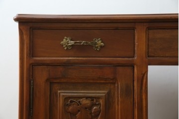 海外アンティーク　チーク材　レザートップ　両面使い　繊細な彫刻が美しいパートナーデスク(両袖机、作業台、ワークテーブル、ワークデスク、在宅ワーク、在宅用)(R-082324)