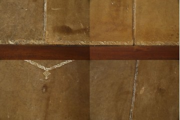 海外アンティーク　チーク材　レザートップ　両面使い　繊細な彫刻が美しいパートナーデスク(両袖机、作業台、ワークテーブル、ワークデスク、在宅ワーク、在宅用)(R-082324)