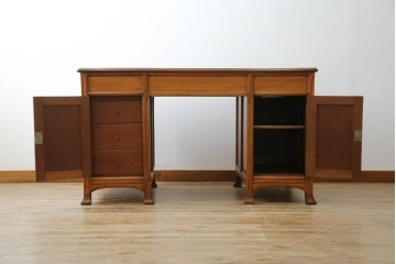 海外アンティーク　チーク材　レザートップ　両面使い　繊細な彫刻が美しいパートナーデスク(両袖机、作業台、ワークテーブル、ワークデスク、在宅ワーク、在宅用)(R-082324)