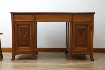 海外アンティーク　チーク材　レザートップ　両面使い　繊細な彫刻が美しいパートナーデスク(両袖机、作業台、ワークテーブル、ワークデスク、在宅ワーク、在宅用)(R-082324)