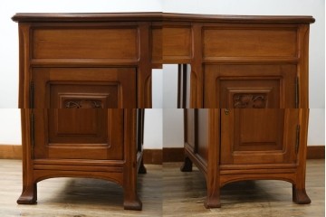 海外アンティーク　チーク材　レザートップ　両面使い　繊細な彫刻が美しいパートナーデスク(両袖机、作業台、ワークテーブル、ワークデスク、在宅ワーク、在宅用)(R-082324)