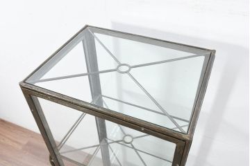 中古　アイアン製　アンティーク調　インダストリアルデザインの無骨な雰囲気がおしゃれな縦型Gケース(戸棚、収納棚、ガラスケース、コレクションケース、ショーケース、ディスプレイケース、キャビネット、飾り棚、陳列棚、ビンテージ風、ヴィンテージ風、店舗什器)(R-082349)