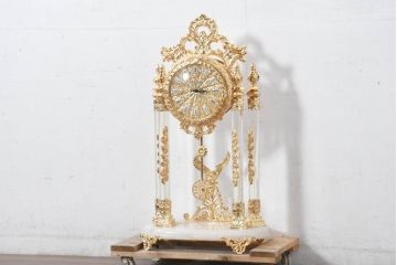 中古　美品　輸入家具専門店イベリア取り扱い　ゴールド×クリスタル×大理石の大きな置き時計(置時計)(定価約22万円)(R-082360)