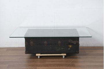 和製アンティーク　大振り　ガラス天板付きのおしゃれな船トランクローテーブル(舟トランク、座卓、センターテーブル、リビングテーブル)(R-082365)