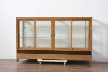 和製アンティーク　美品!!　上手物　レトロな脚付き　楢(ナラ)材　温かみある木枠が魅力的なガラスケース(Gケース、ショーケース、コレクションケース、飾り棚、陳列棚、店舗什器)(R-082367)