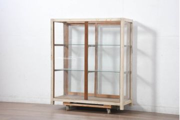 和製アンティーク　ペイント　薄型サイズでお部屋に取り入れやすい木枠ガラスケース(ショーケース、Gケース、ディスプレイケース、コレクションケース、飾り棚、陳列棚、店舗什器)(R-082369)