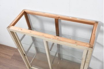 和製アンティーク　ペイント　薄型サイズでお部屋に取り入れやすい木枠ガラスケース(ショーケース、Gケース、ディスプレイケース、コレクションケース、飾り棚、陳列棚、店舗什器)(R-082369)