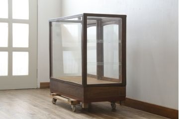 和製アンティーク　楢(ナラ)材　木枠　レトロな雰囲気のガラスケース(Gケース、ショーケース、ディスプレイケース、コレクションケース、飾り棚、陳列棚、収納棚、店舗什器)(R-082376)