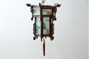 アジアンビンテージ　希少な廃番モデル!!　ガラス絵　オリエンタルな雰囲気と華やかさが目を惹く中国行灯(行燈、吊り下げ照明、天井照明、ペンダントライト、ヴィンテージ)(R-082388)