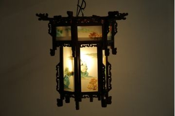 アジアンビンテージ　希少な廃番モデル!!　ガラス絵　オリエンタルな雰囲気と華やかさが目を惹く中国行灯(行燈、吊り下げ照明、天井照明、ペンダントライト、ヴィンテージ)(R-082388)