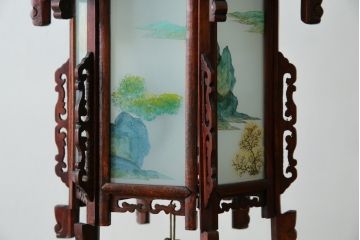 アジアンビンテージ　希少な廃番モデル!!　ガラス絵　オリエンタルな雰囲気と華やかさが目を惹く中国行灯(行燈、吊り下げ照明、天井照明、ペンダントライト、ヴィンテージ)(R-082388)