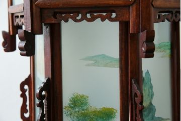 アジアンビンテージ　希少な廃番モデル!!　ガラス絵　オリエンタルな雰囲気と華やかさが目を惹く中国行灯(行燈、吊り下げ照明、天井照明、ペンダントライト、ヴィンテージ)(R-082388)