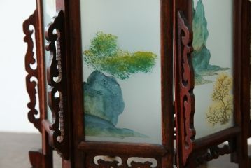 アジアンビンテージ　希少な廃番モデル!!　ガラス絵　オリエンタルな雰囲気と華やかさが目を惹く中国行灯(行燈、吊り下げ照明、天井照明、ペンダントライト、ヴィンテージ)(R-082388)