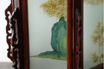 アジアンビンテージ　希少な廃番モデル!!　ガラス絵　オリエンタルな雰囲気と華やかさが目を惹く中国行灯(行燈、吊り下げ照明、天井照明、ペンダントライト、ヴィンテージ)(R-082388)