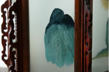 アジアンビンテージ　希少な廃番モデル!!　ガラス絵　オリエンタルな雰囲気と華やかさが目を惹く中国行灯(行燈、吊り下げ照明、天井照明、ペンダントライト、ヴィンテージ)(R-082388)
