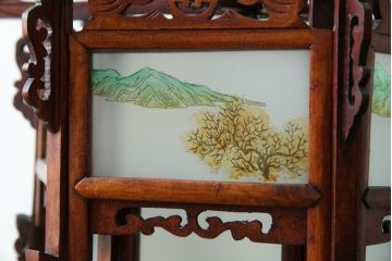 アジアンビンテージ　希少な廃番モデル!!　ガラス絵　オリエンタルな雰囲気と華やかさが目を惹く中国行灯(行燈、吊り下げ照明、天井照明、ペンダントライト、ヴィンテージ)(R-082388)