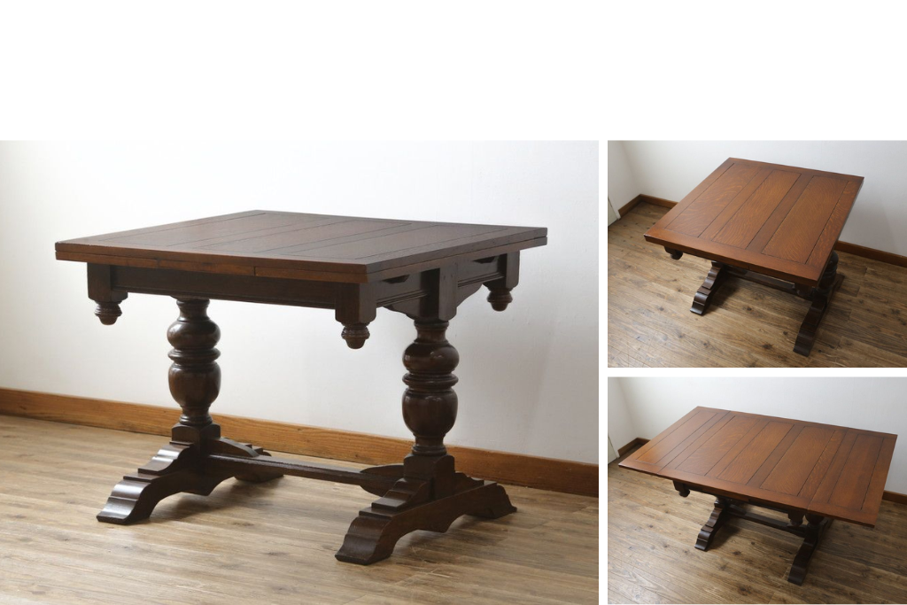 イギリスアンティーク　オーク材　バルボスレッグが存在感のあるドローリーフテーブル　(R-082399)