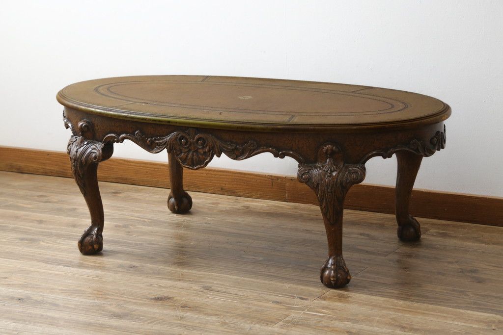 イギリスビンテージ　MAITLAND SMITH(メートランドスミス)　レザートップ　アンティーク調　華やかな彫刻がエレガントなローテーブル(リビングテーブル、センターテーブル、カフェテーブル、コーヒーテーブル、革、英国、ヴィンテージ)(定価約40万円)(R-082405)