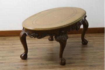 イギリスビンテージ　MAITLAND SMITH(メートランドスミス)　レザートップ　アンティーク調　華やかな彫刻がエレガントなローテーブル(リビングテーブル、センターテーブル、カフェテーブル、コーヒーテーブル、革、英国、ヴィンテージ)(定価約40万円)(R-082405)