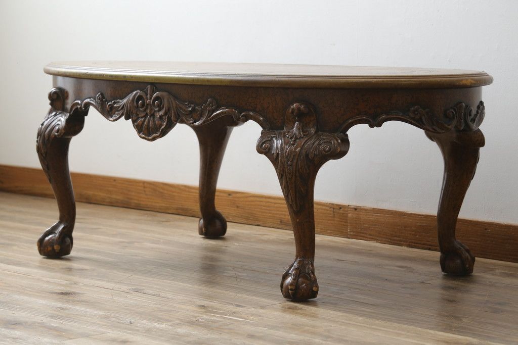 イギリスビンテージ　MAITLAND SMITH(メートランドスミス)　レザートップ　アンティーク調　華やかな彫刻がエレガントなローテーブル(リビングテーブル、センターテーブル、カフェテーブル、コーヒーテーブル、革、英国、ヴィンテージ)(定価約40万円)(R-082405)