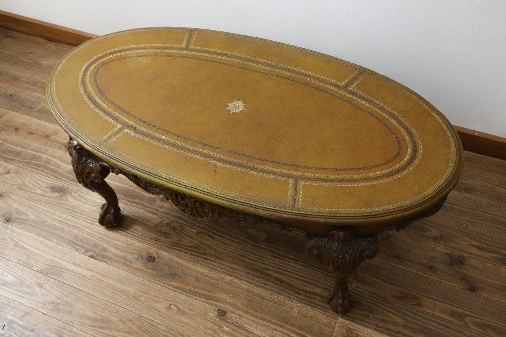 イギリスビンテージ　MAITLAND SMITH(メートランドスミス)　レザートップ　アンティーク調　華やかな彫刻がエレガントなローテーブル(リビングテーブル、センターテーブル、カフェテーブル、コーヒーテーブル、革、英国、ヴィンテージ)(定価約40万円)(R-082405)