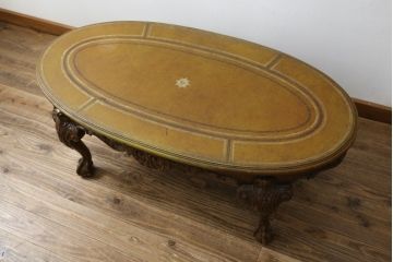 イギリスビンテージ　MAITLAND SMITH(メートランドスミス)　レザートップ　アンティーク調　華やかな彫刻がエレガントなローテーブル(リビングテーブル、センターテーブル、カフェテーブル、コーヒーテーブル、革、英国、ヴィンテージ)(定価約40万円)(R-082405)