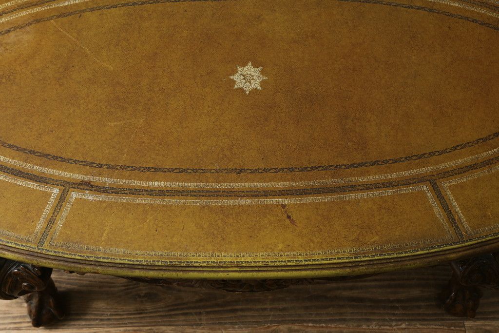 イギリスビンテージ　MAITLAND SMITH(メートランドスミス)　レザートップ　アンティーク調　華やかな彫刻がエレガントなローテーブル(リビングテーブル、センターテーブル、カフェテーブル、コーヒーテーブル、革、英国、ヴィンテージ)(定価約40万円)(R-082405)