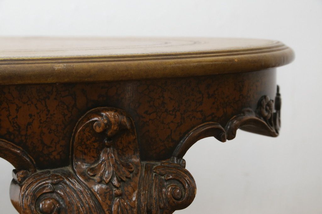 イギリスビンテージ　MAITLAND SMITH(メートランドスミス)　レザートップ　アンティーク調　華やかな彫刻がエレガントなローテーブル(リビングテーブル、センターテーブル、カフェテーブル、コーヒーテーブル、革、英国、ヴィンテージ)(定価約40万円)(R-082405)