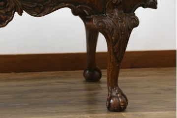 イギリスビンテージ　MAITLAND SMITH(メートランドスミス)　レザートップ　アンティーク調　華やかな彫刻がエレガントなローテーブル(リビングテーブル、センターテーブル、カフェテーブル、コーヒーテーブル、革、英国、ヴィンテージ)(定価約40万円)(R-082405)