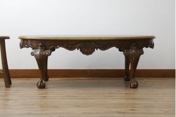 イギリスビンテージ　MAITLAND SMITH(メートランドスミス)　レザートップ　アンティーク調　華やかな彫刻がエレガントなローテーブル(リビングテーブル、センターテーブル、カフェテーブル、コーヒーテーブル、革、英国、ヴィンテージ)(定価約40万円)(R-082405)