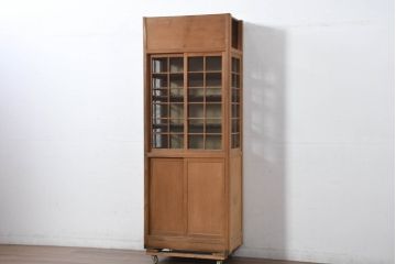 和製アンティーク　レトロな雰囲気漂う古い木味のハエ帳付き幅狭水屋箪笥(茶水屋、置き水屋、茶棚、収納棚、戸棚、蝿帳、はい帳、キャビネット)(R-082418)