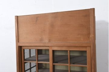 和製アンティーク　レトロな雰囲気漂う古い木味のハエ帳付き幅狭水屋箪笥(茶水屋、置き水屋、茶棚、収納棚、戸棚、蝿帳、はい帳、キャビネット)(R-082418)