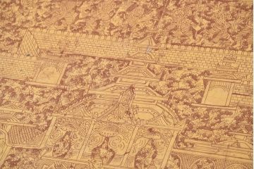 アンティーク　東南アジア美術　タイ?　ビルマ?　工芸品　戦士と寺院建築が全面に描かれた精細な彫刻入りのブランケットボックス(木箱、コファー、収納箱)(R-082431)