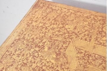 アンティーク　東南アジア美術　タイ?　ビルマ?　工芸品　戦士と寺院建築が全面に描かれた精細な彫刻入りのブランケットボックス(木箱、コファー、収納箱)(R-082431)